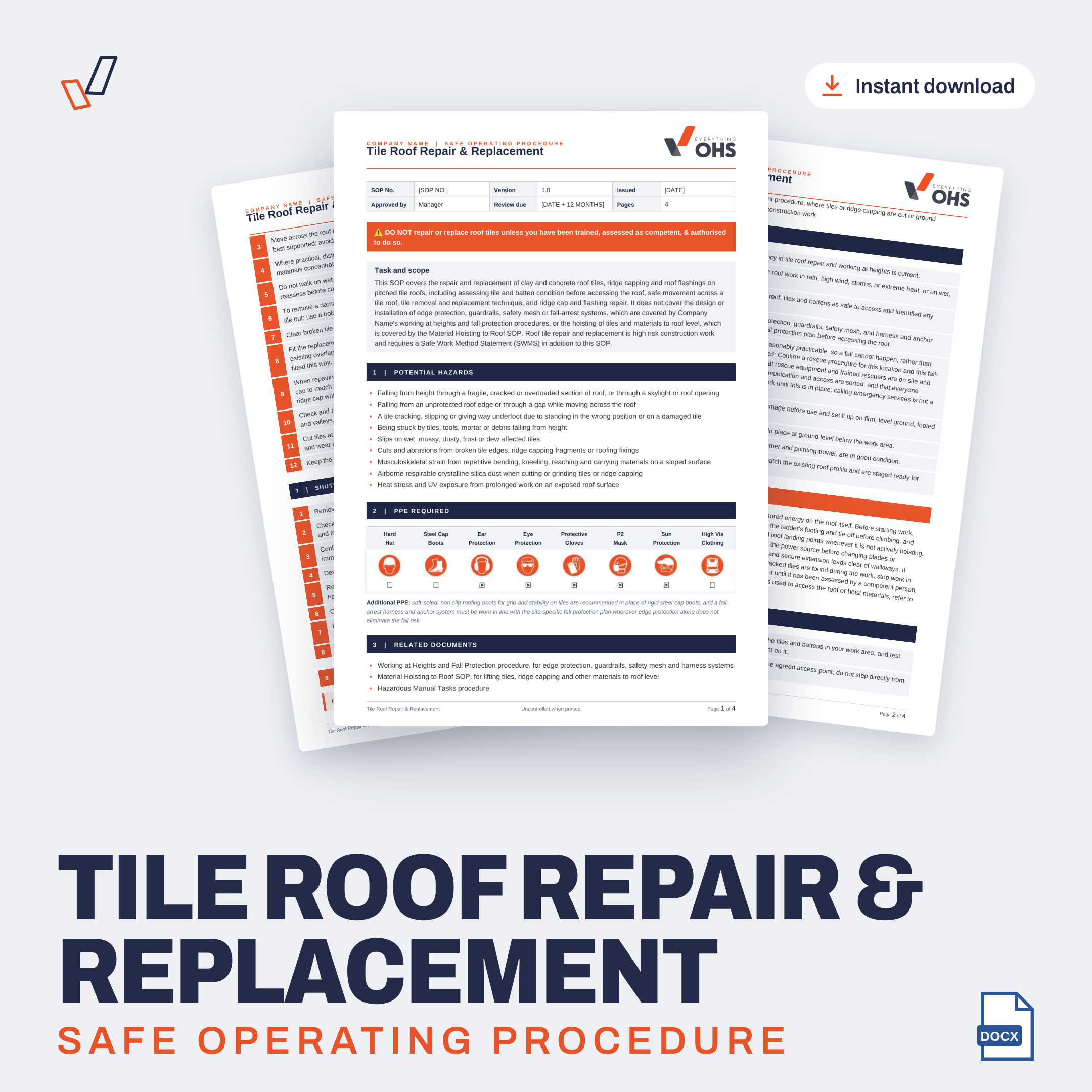 Tile Roof Repair & Replacement SOP editable Word template cover, Everything OHS