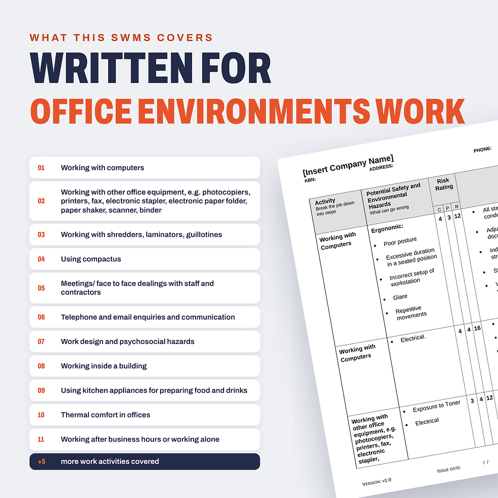Work activities covered in the Office Environments SWMS