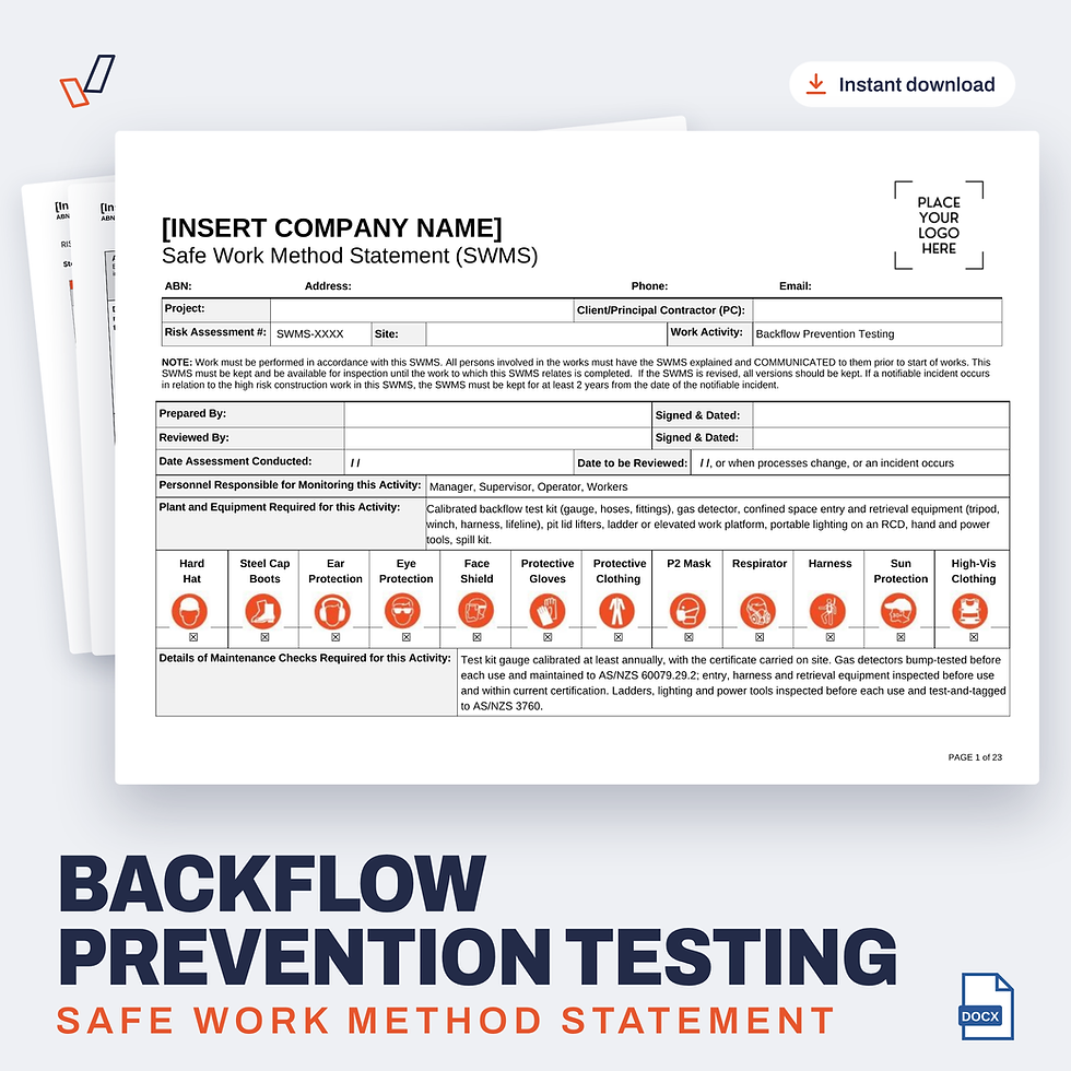 Backflow Prevention Testing SWMS editable Word template cover, Everything OHS