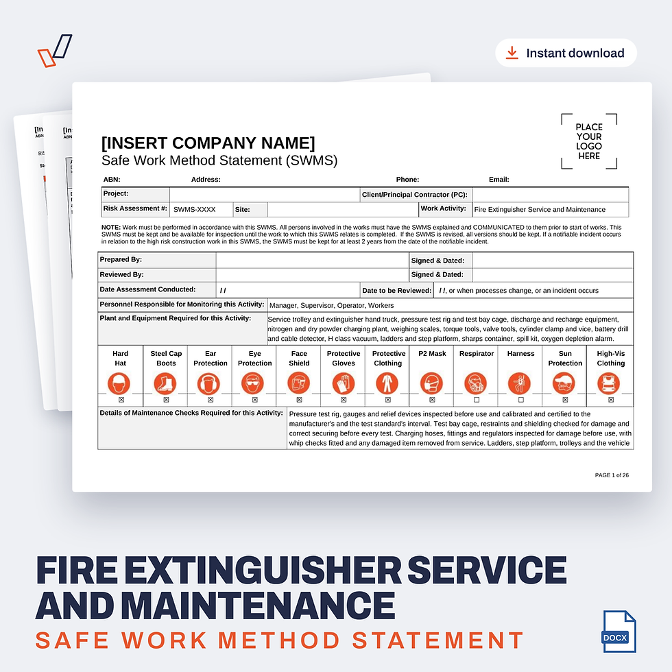 Fire Extinguisher Service and Maintenance SWMS editable Word template cover, Everything OHS