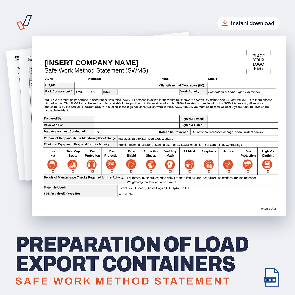 Preparation of Load Export Containers SWMS editable Word template cover, Everything OHS