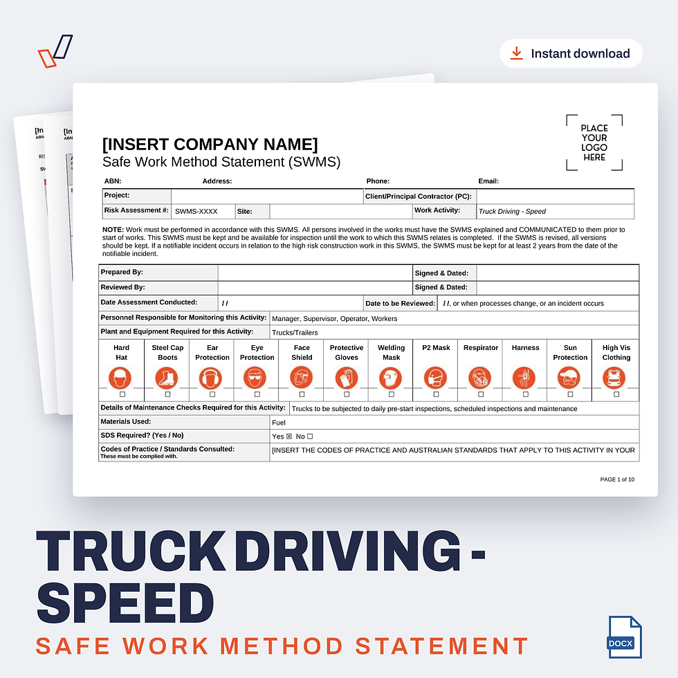 Truck Driving (Speed) SWMS editable Word template cover, Everything OHS