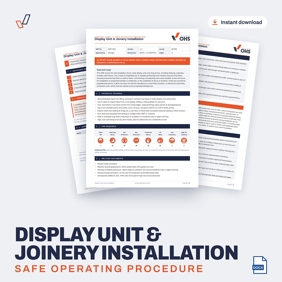 Display Unit & Joinery Installation SOP editable Word template cover, Everything OHS