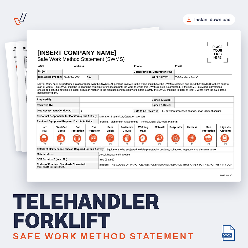 Telehandler Forklift SWMS editable Word template cover, Everything OHS