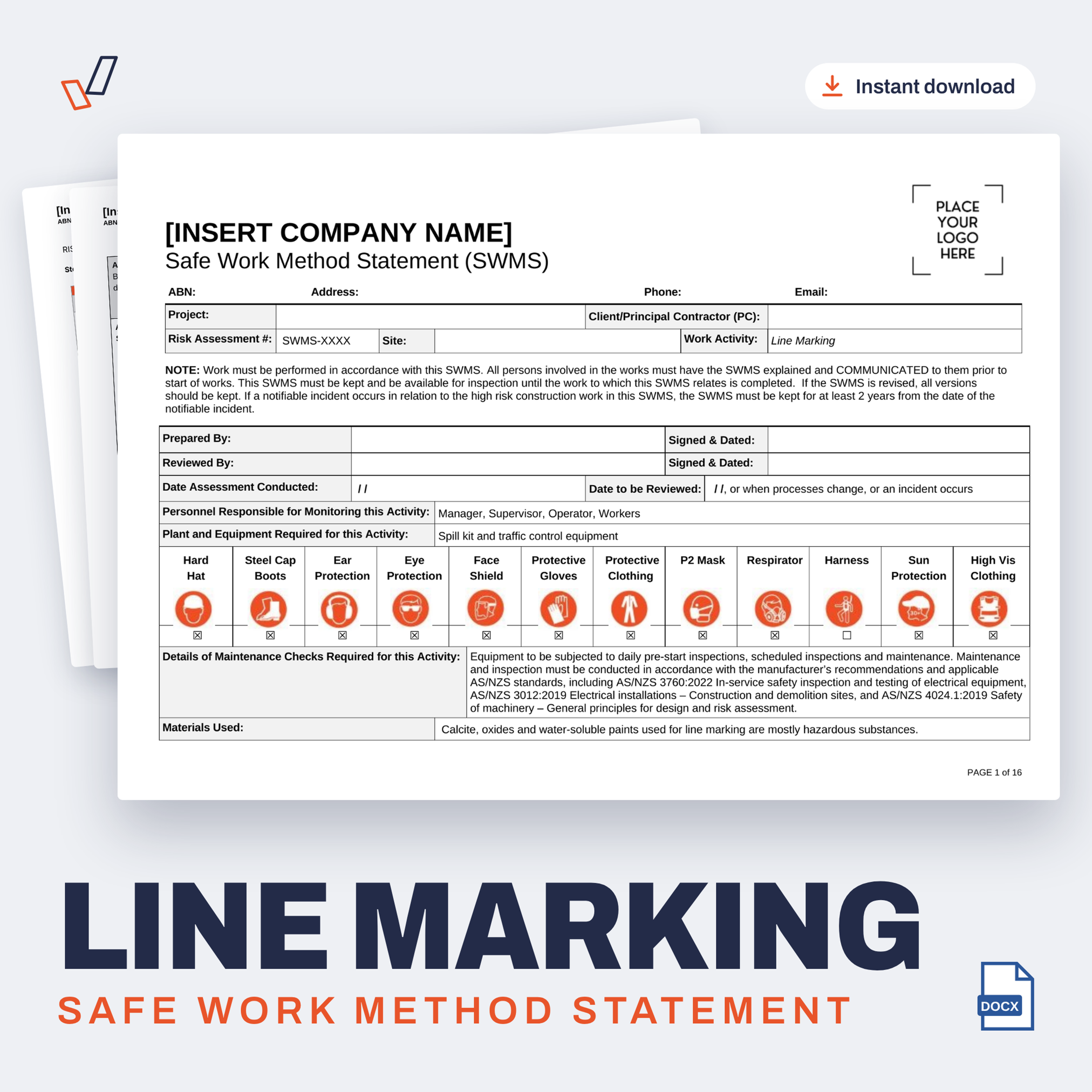 Line Marking SWMS editable Word template cover, Everything OHS