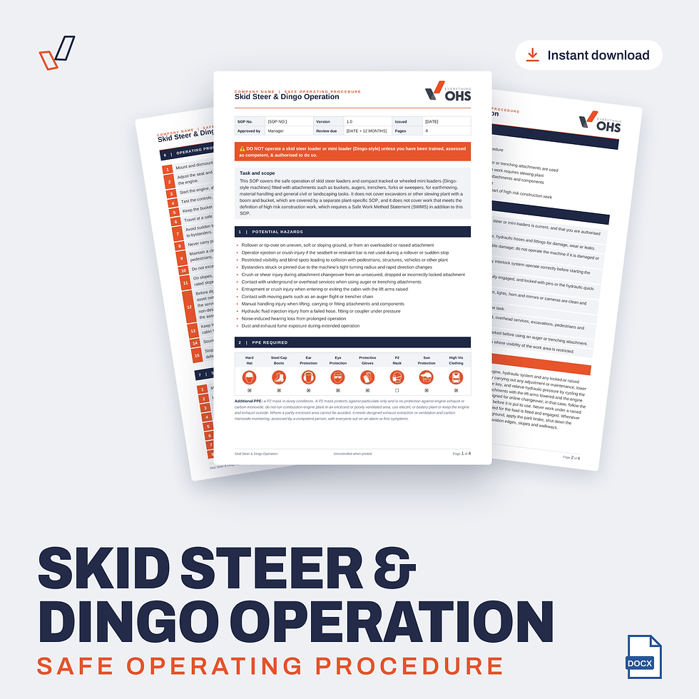 Skid Steer & Dingo Operation SOP editable Word template cover, Everything OHS