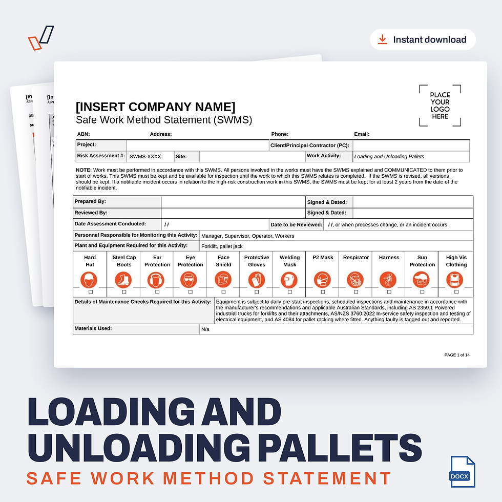 Loading and Unloading Pallets SWMS editable Word template cover, Everything OHS