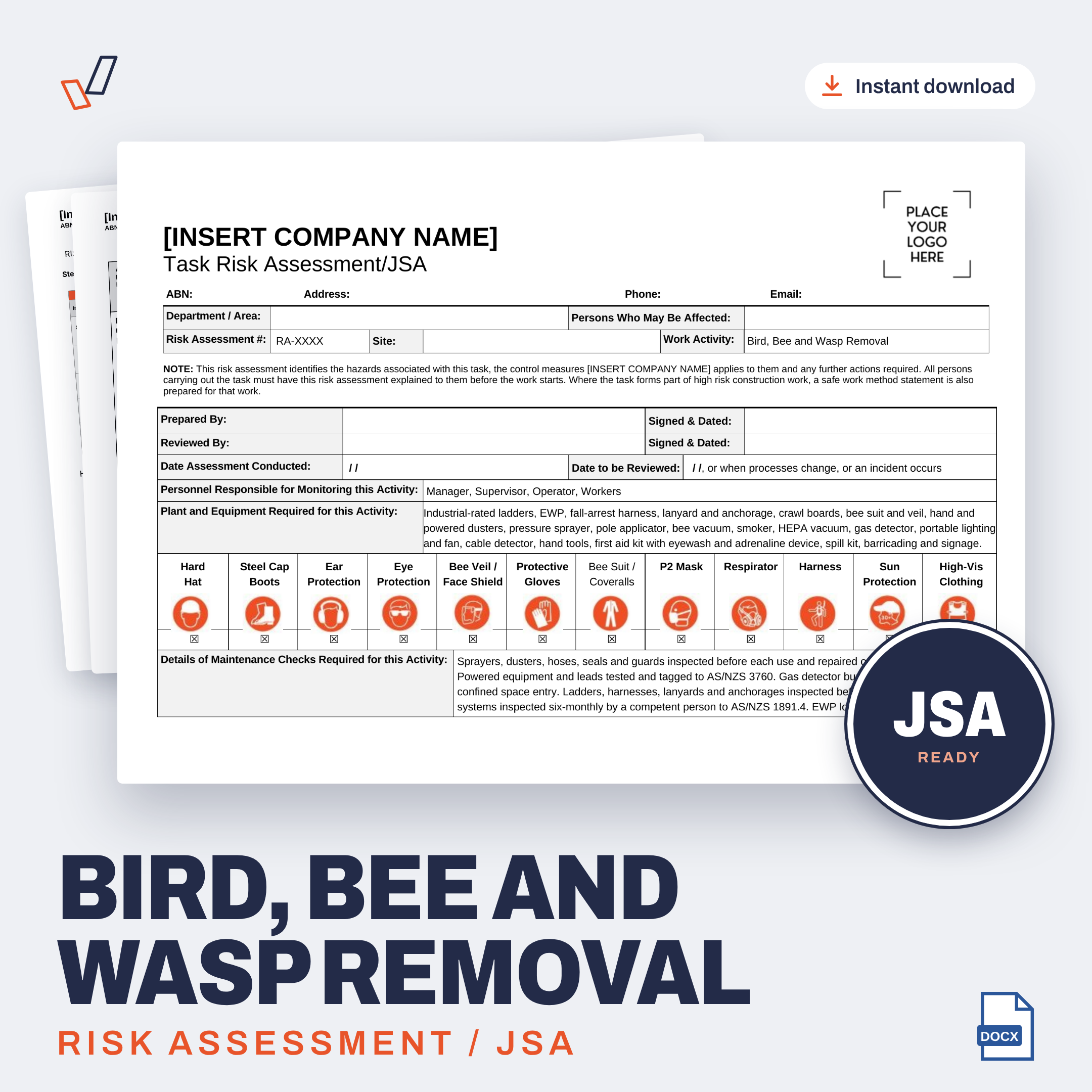 Bird, Bee and Wasp Removal Risk Assessment/JSA editable Word template cover, Everything OHS