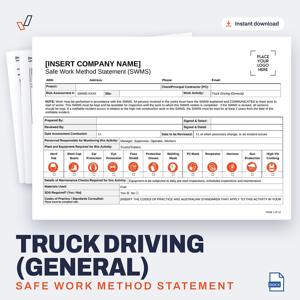Truck Driving (General) SWMS editable Word template cover, Everything OHS