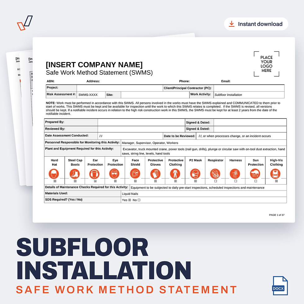 Subfloor Installation SWMS editable Word template cover, Everything OHS