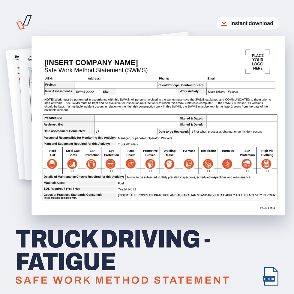 Truck Driving (Fatigue) SWMS editable Word template cover, Everything OHS