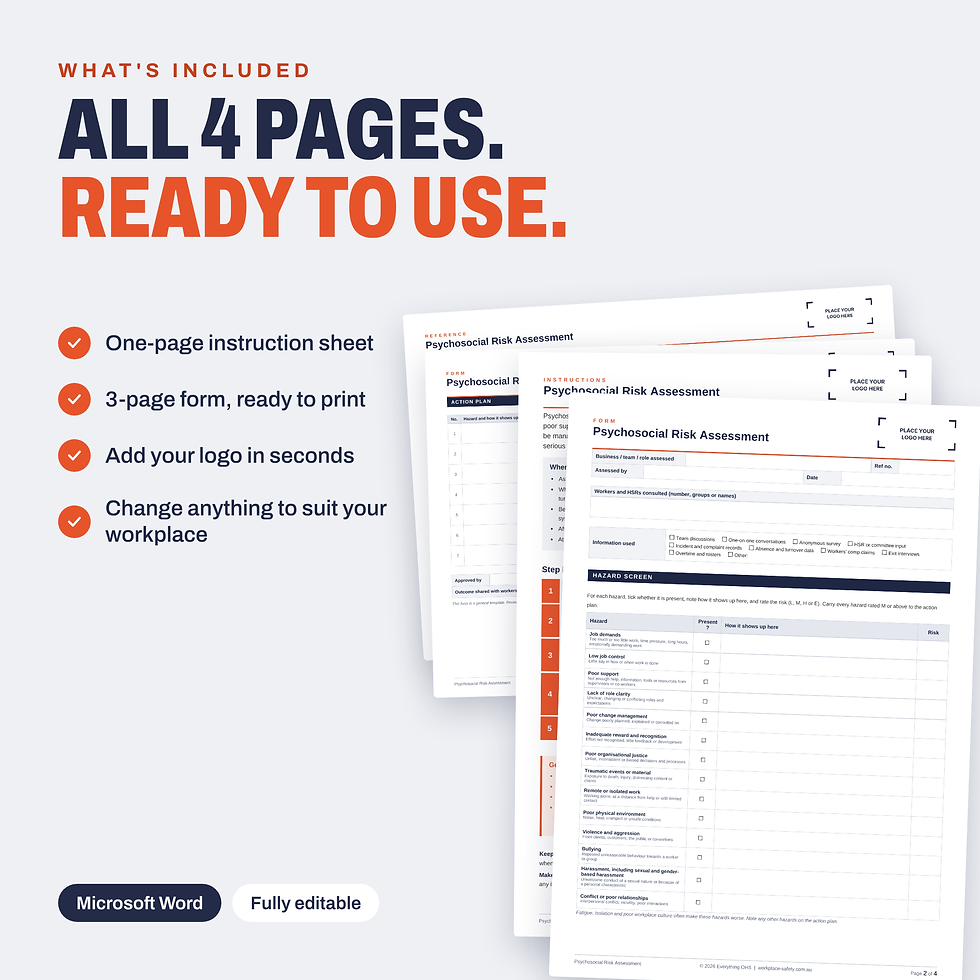 All 4 pages of the free Psychosocial Risk Assessment template, including the instruction sheet