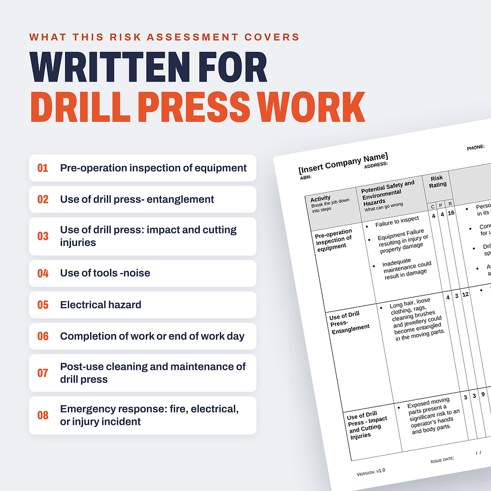 Work activities covered in the Drill Press Risk Assessment/JSA