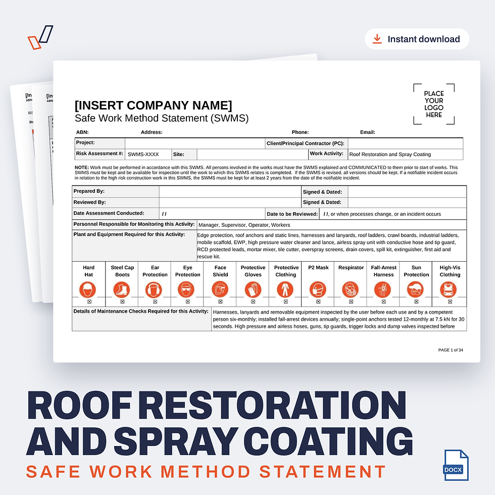 Roof Restoration and Spray Coating SWMS editable Word template cover, Everything OHS