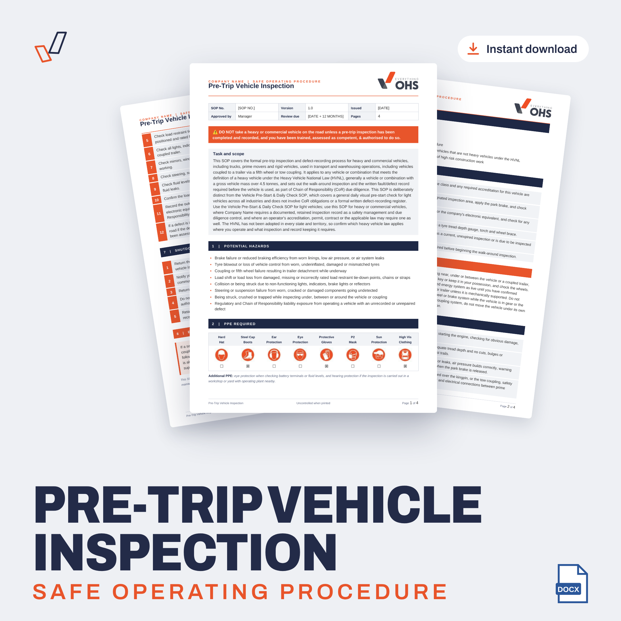 Pre-Trip Vehicle Inspection SOP editable Word template cover, Everything OHS