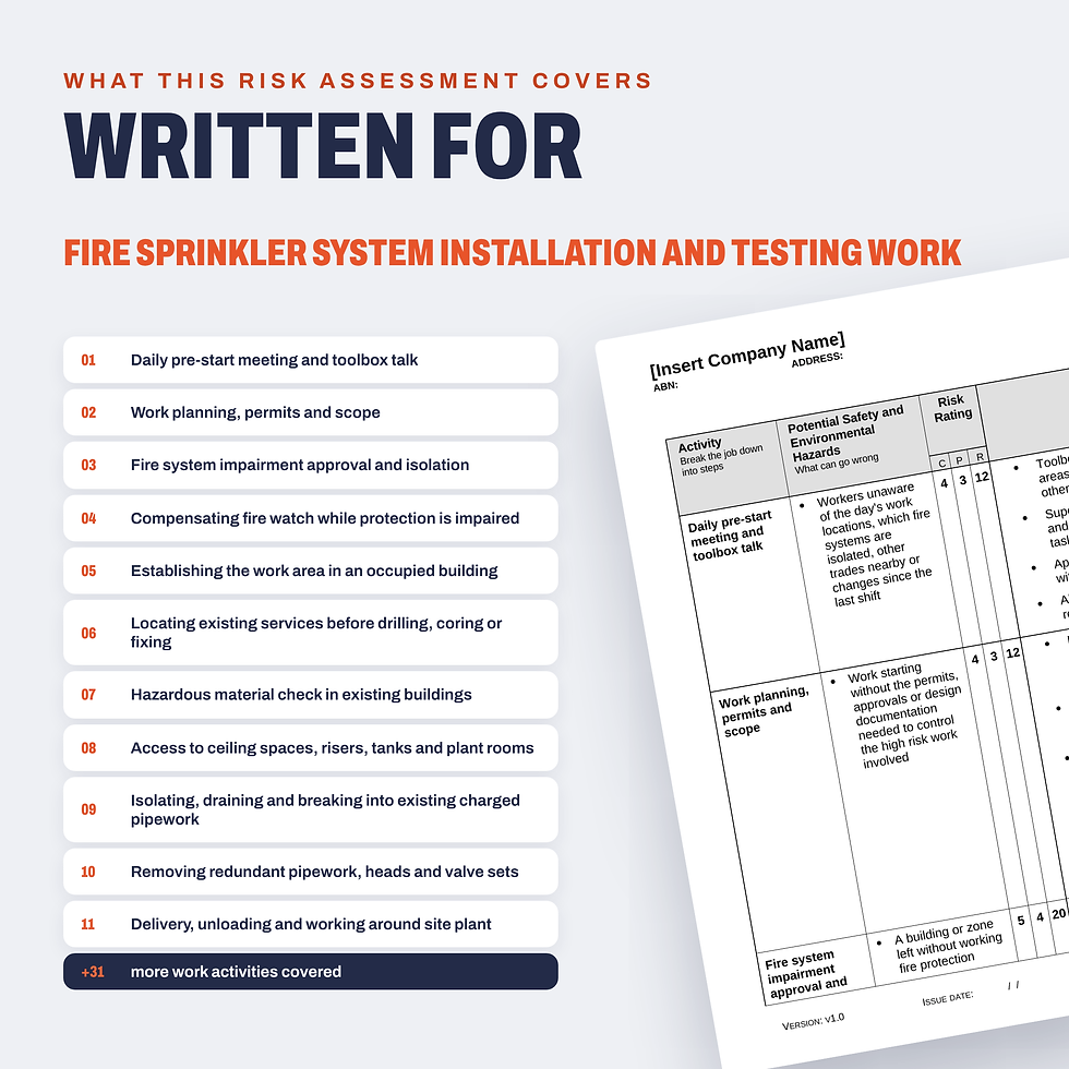Work activities covered in the Fire Sprinkler System Installation and Testing Risk Assessment/JSA