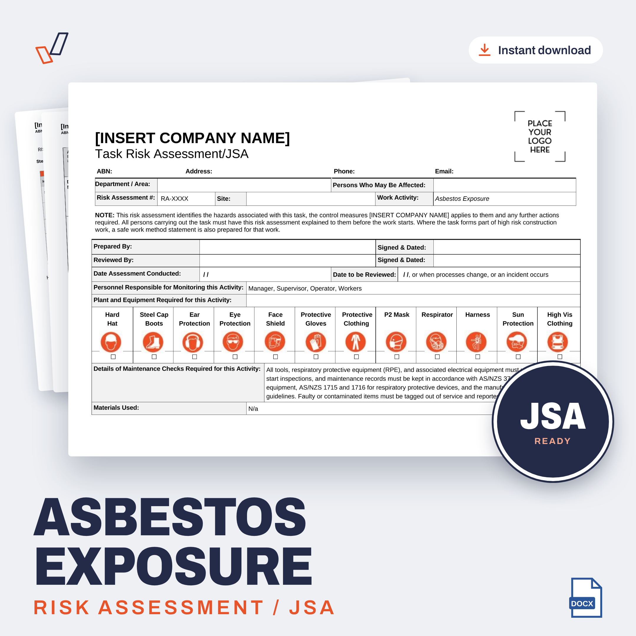 Asbestos Exposure Risk Assessment/JSA editable Word template cover, Everything OHS