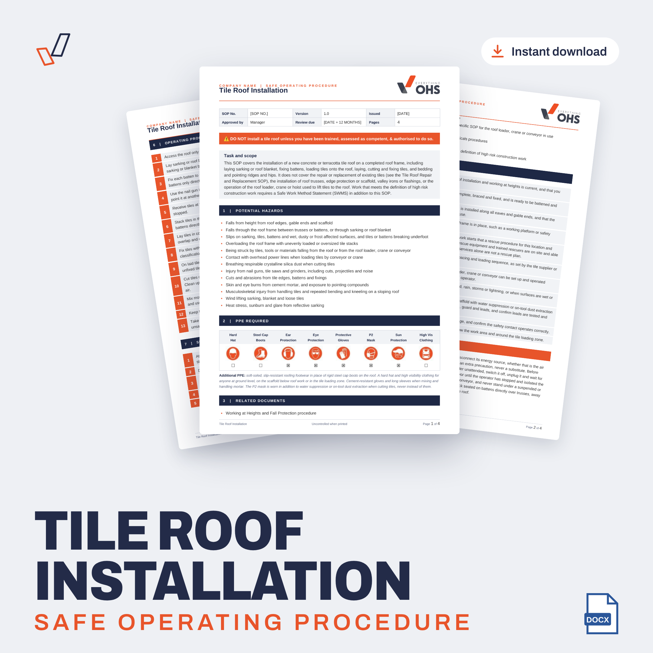 Tile Roof Installation SOP editable Word template cover, Everything OHS