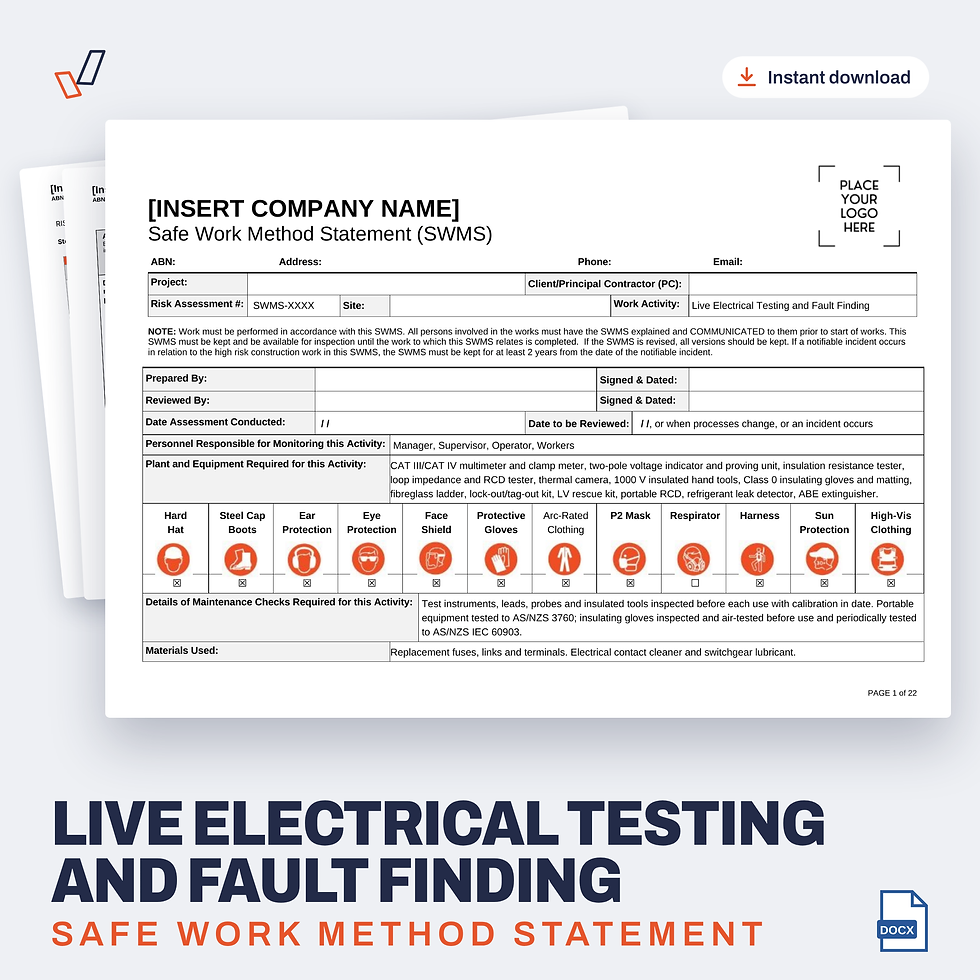 Live Electrical Testing and Fault Finding SWMS editable Word template cover, Everything OHS
