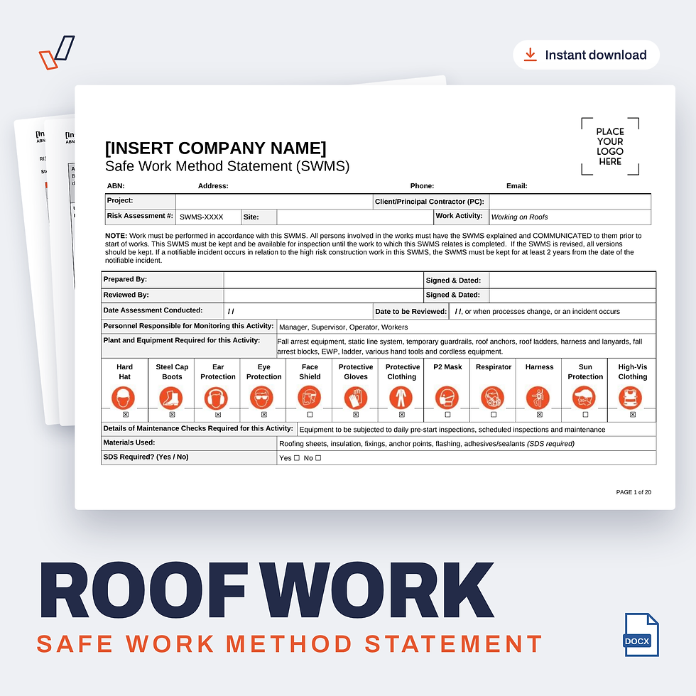 Roof Work SWMS editable Word template cover, Everything OHS