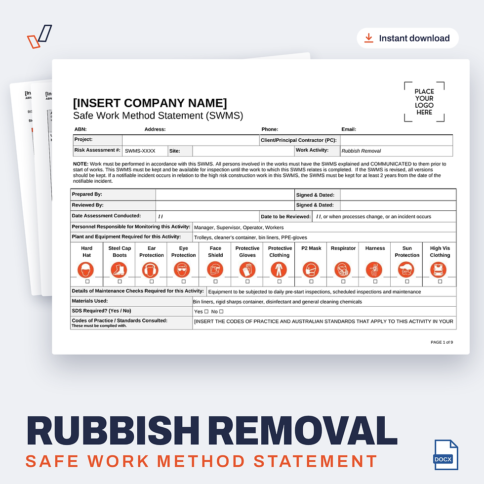 Rubbish Removal SWMS editable Word template cover, Everything OHS