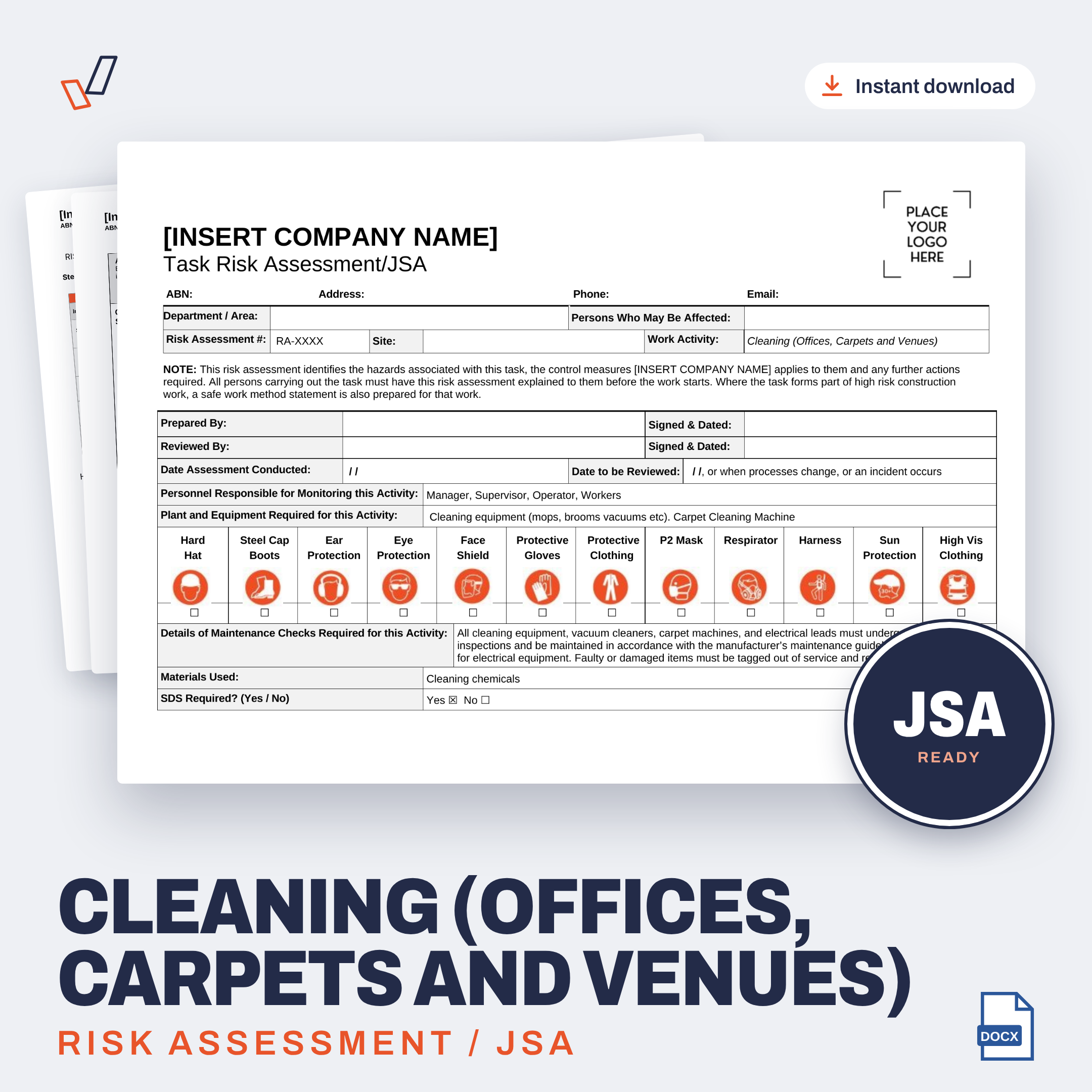 Cleaning (Offices, Carpets and Venues) Risk Assessment/JSA editable Word template cover, Everything OHS