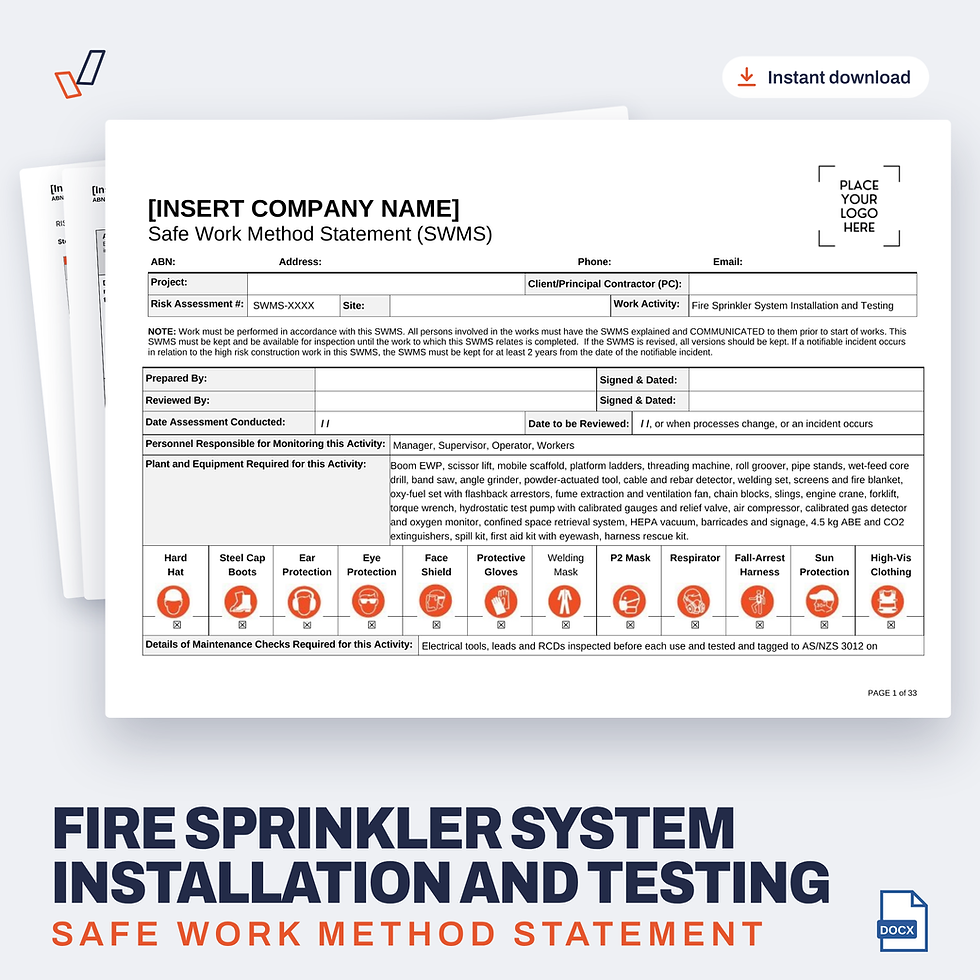 Fire Sprinkler System Installation and Testing SWMS editable Word template cover, Everything OHS