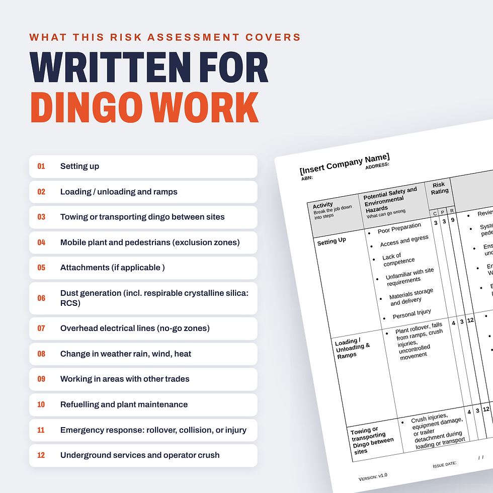 Work activities covered in the Dingo Risk Assessment/JSA