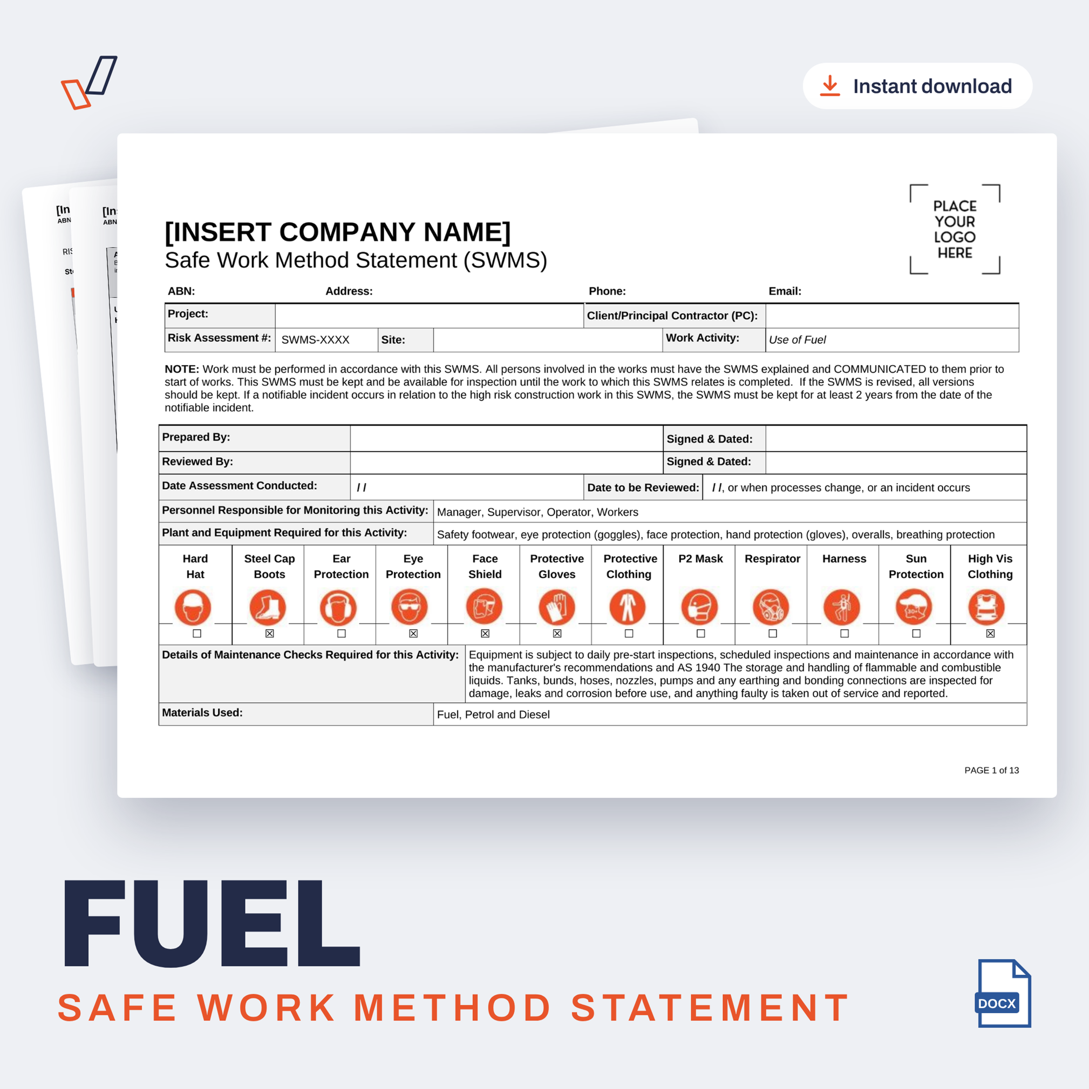 Fuel SWMS editable Word template cover, Everything OHS