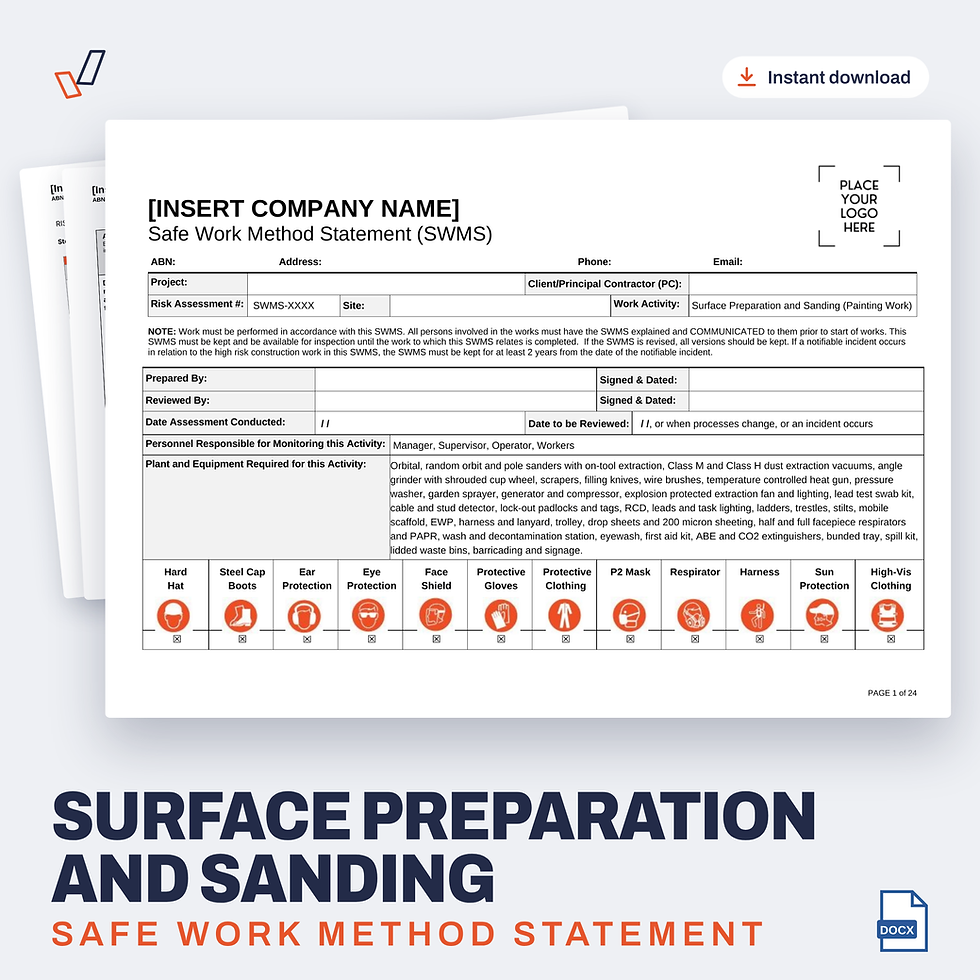 Surface Preparation and Sanding SWMS editable Word template cover, Everything OHS