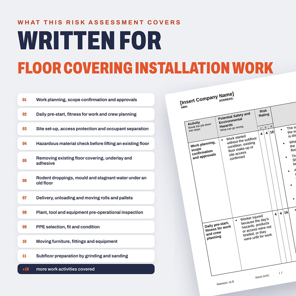 Work activities covered in the Floor Covering Installation Risk Assessment/JSA