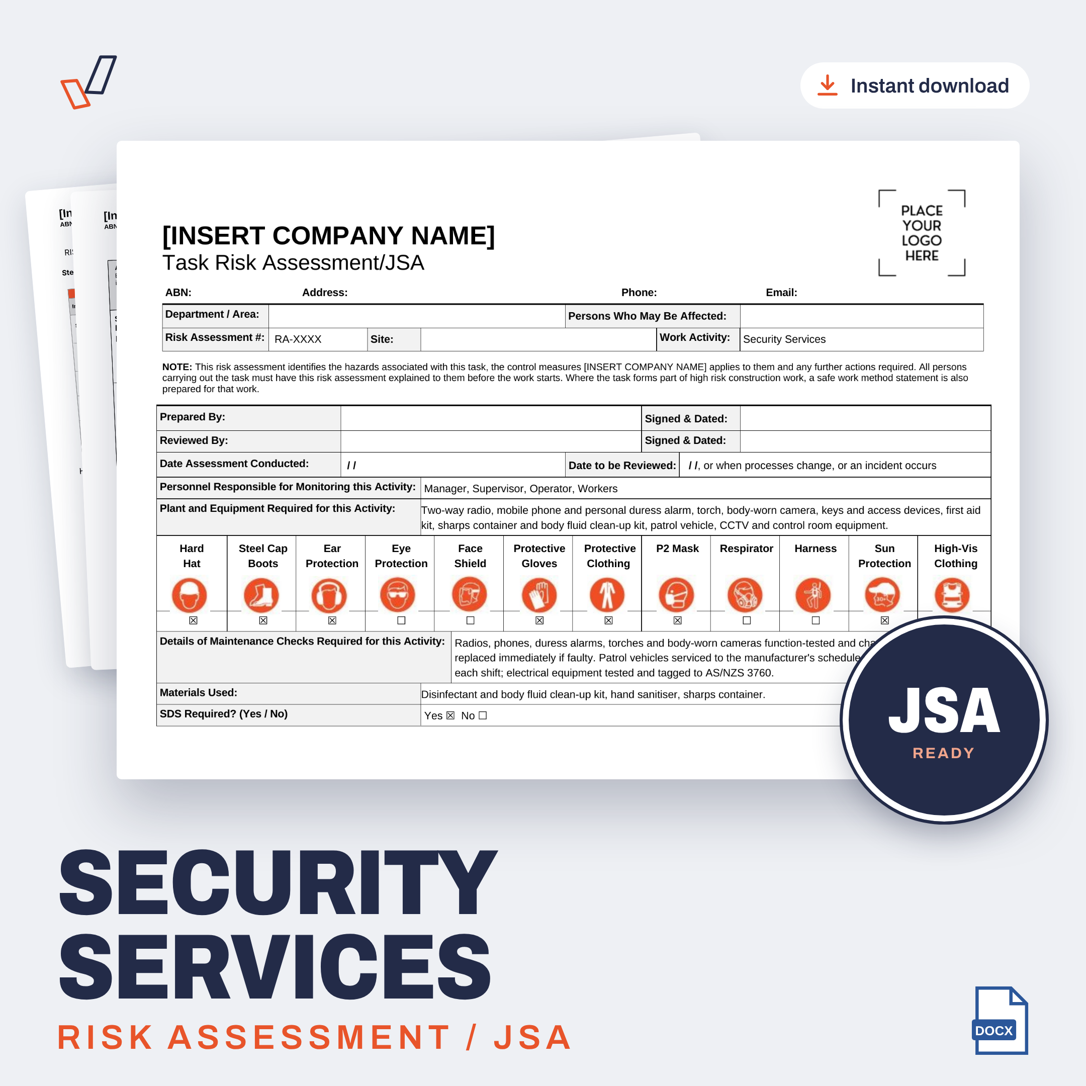 Security Services Risk Assessment/JSA editable Word template cover, Everything OHS