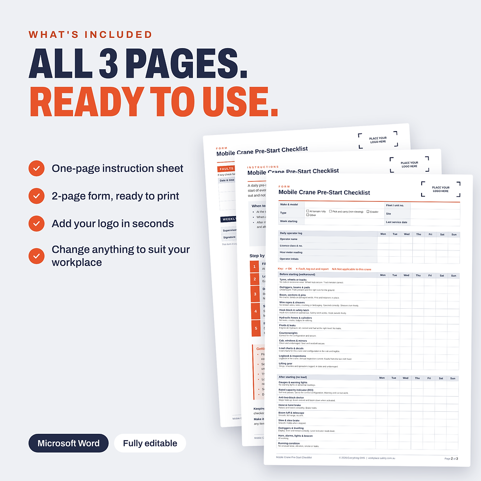 All 3 pages of the free Mobile Crane Pre-Start Checklist template, including the instruction sheet