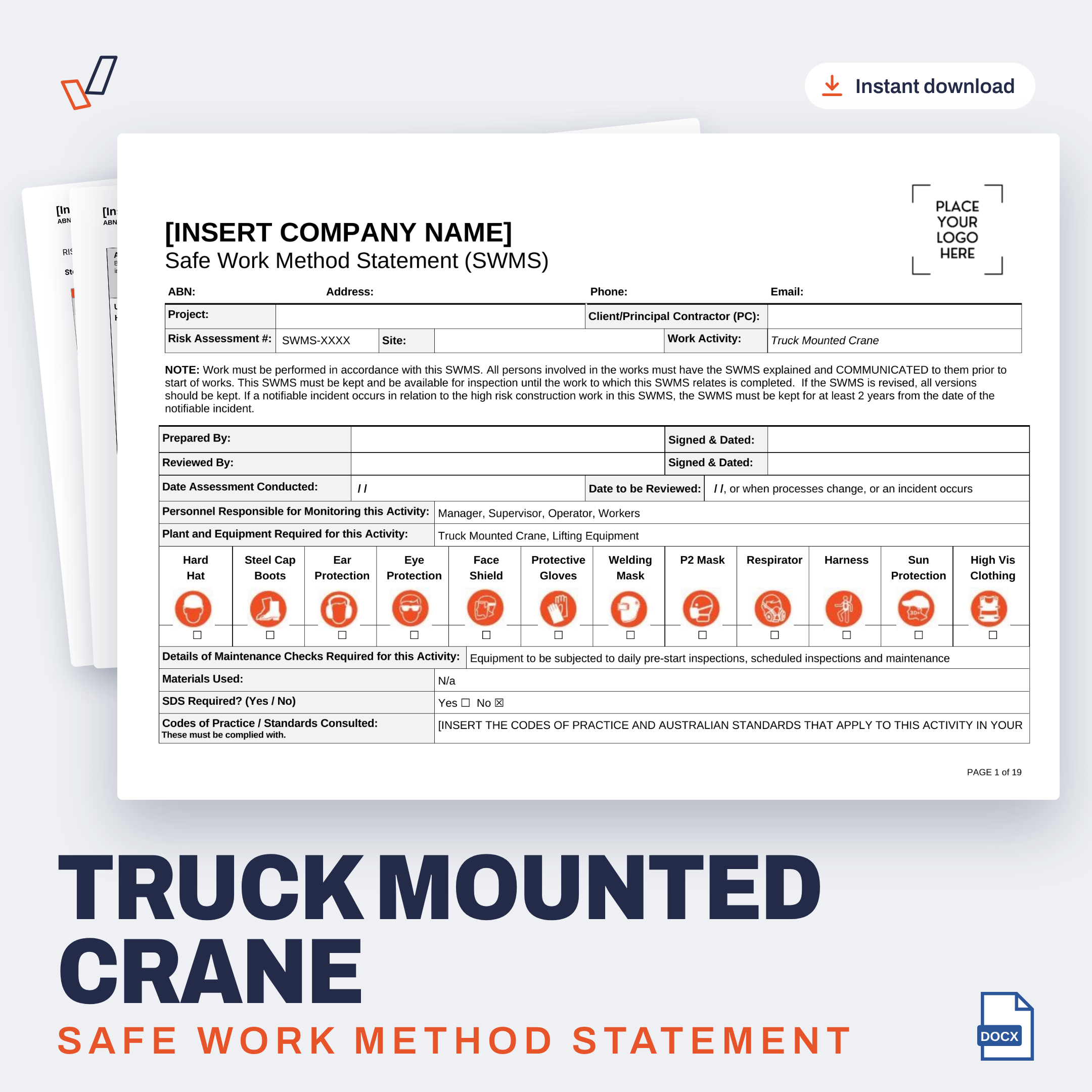 Truck Mounted Crane SWMS editable Word template cover, Everything OHS