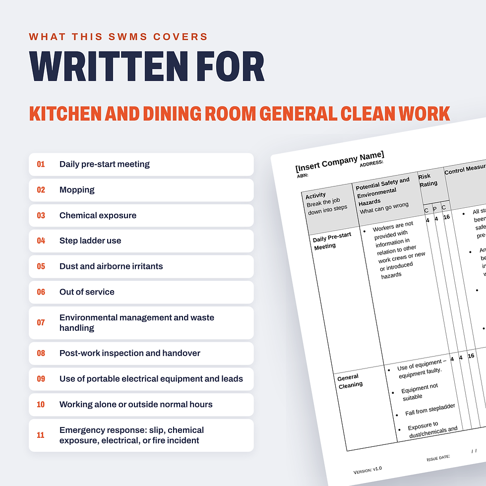 Work activities covered in the Kitchen and Dining Room General Clean SWMS