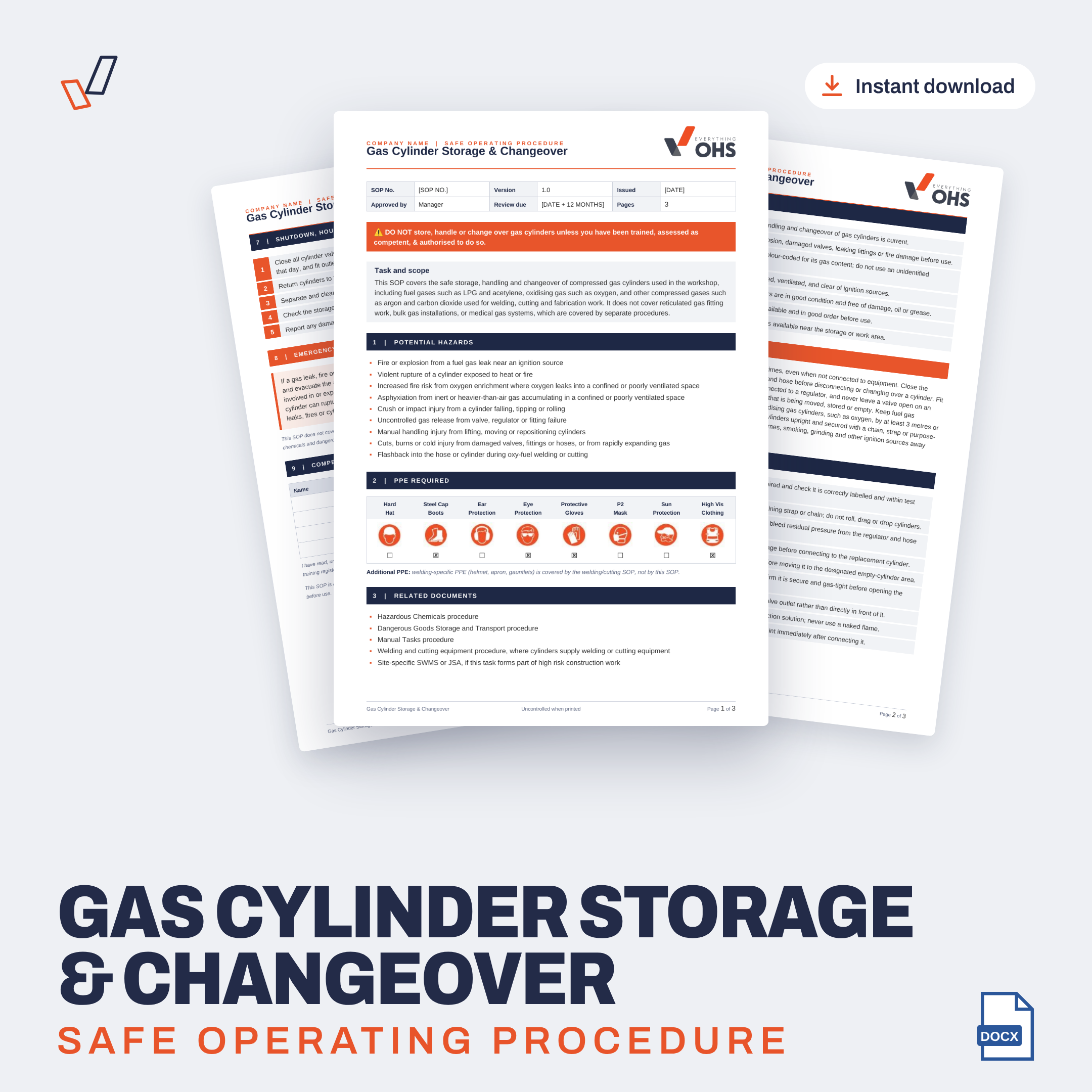 Gas Cylinder Storage & Changeover SOP editable Word template cover, Everything OHS