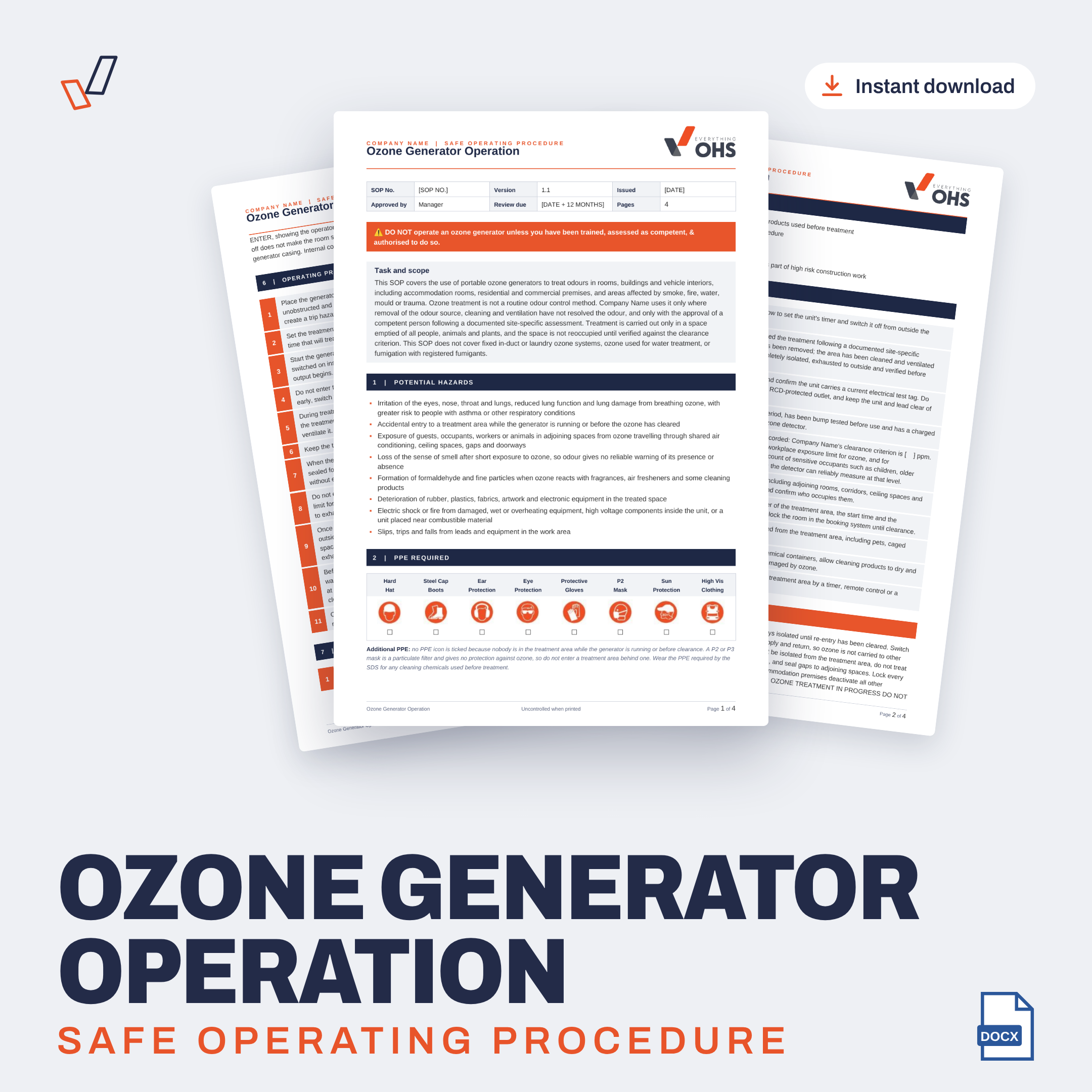 Ozone Generator Operation SOP editable Word template cover, Everything OHS