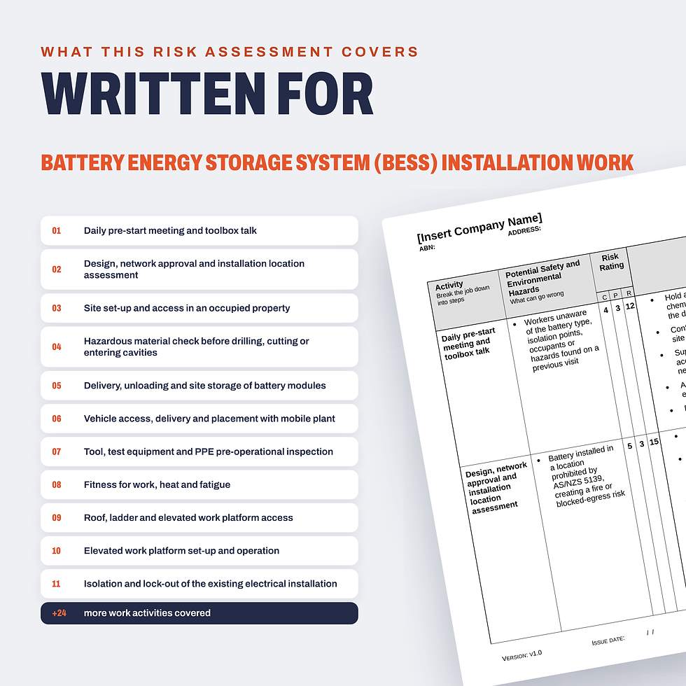 Work activities covered in the Battery Energy Storage System (BESS) Installation Risk Assessment/JSA