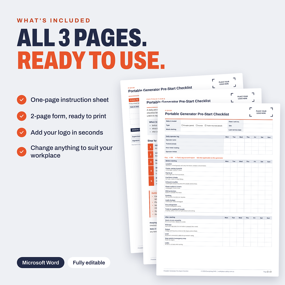 All 3 pages of the free Portable Generator Pre-Start Checklist template, including the instruction sheet