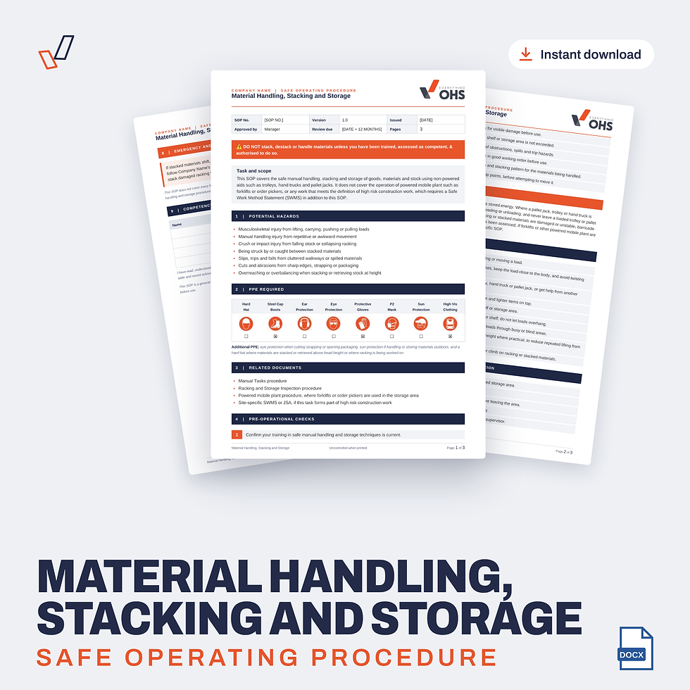 Material Handling, Stacking and Storage SOP editable Word template cover, Everything OHS