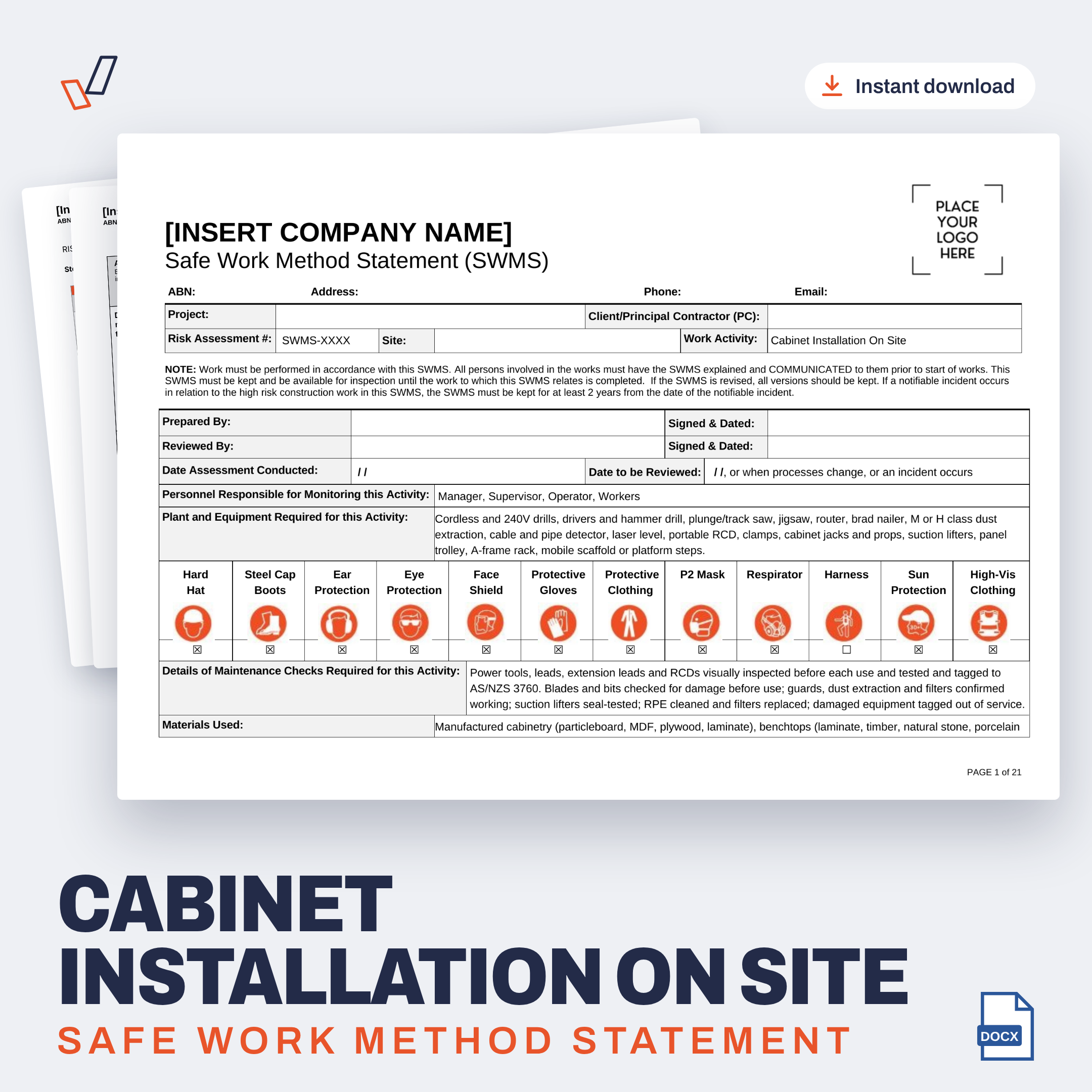 Cabinet Installation On Site SWMS editable Word template cover, Everything OHS