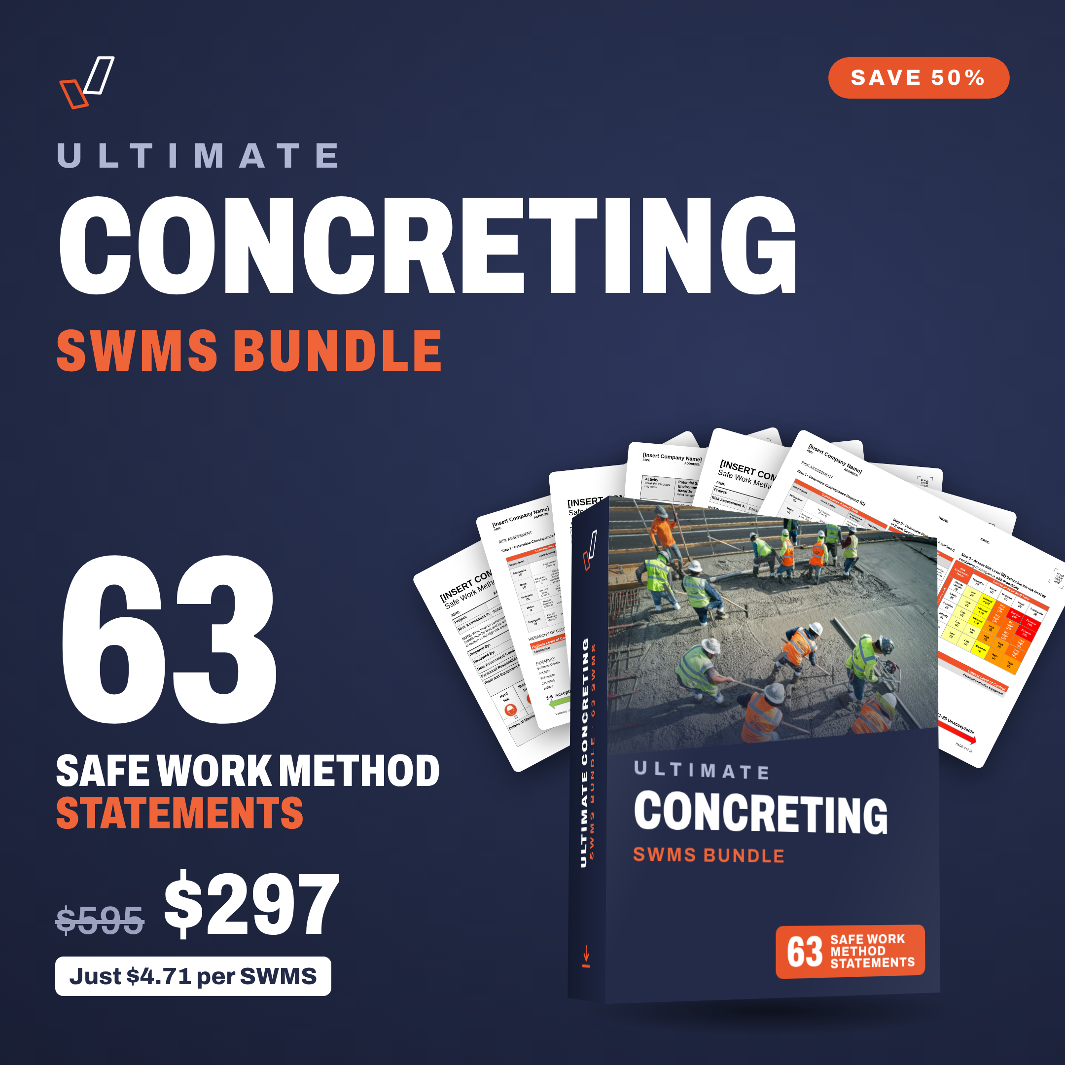 Ultimate Concreting SWMS Bundle cover, editable Word SWMS templates, Everything OHS
