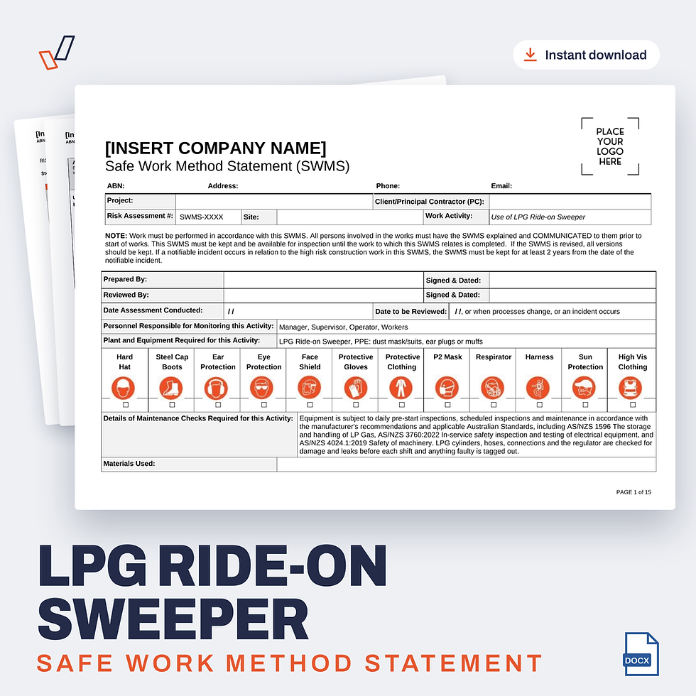 LPG Ride-on Sweeper SWMS editable Word template cover, Everything OHS