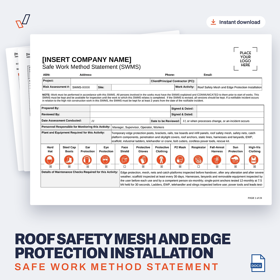 Roof Safety Mesh and Edge Protection Installation SWMS editable Word template cover, Everything OHS