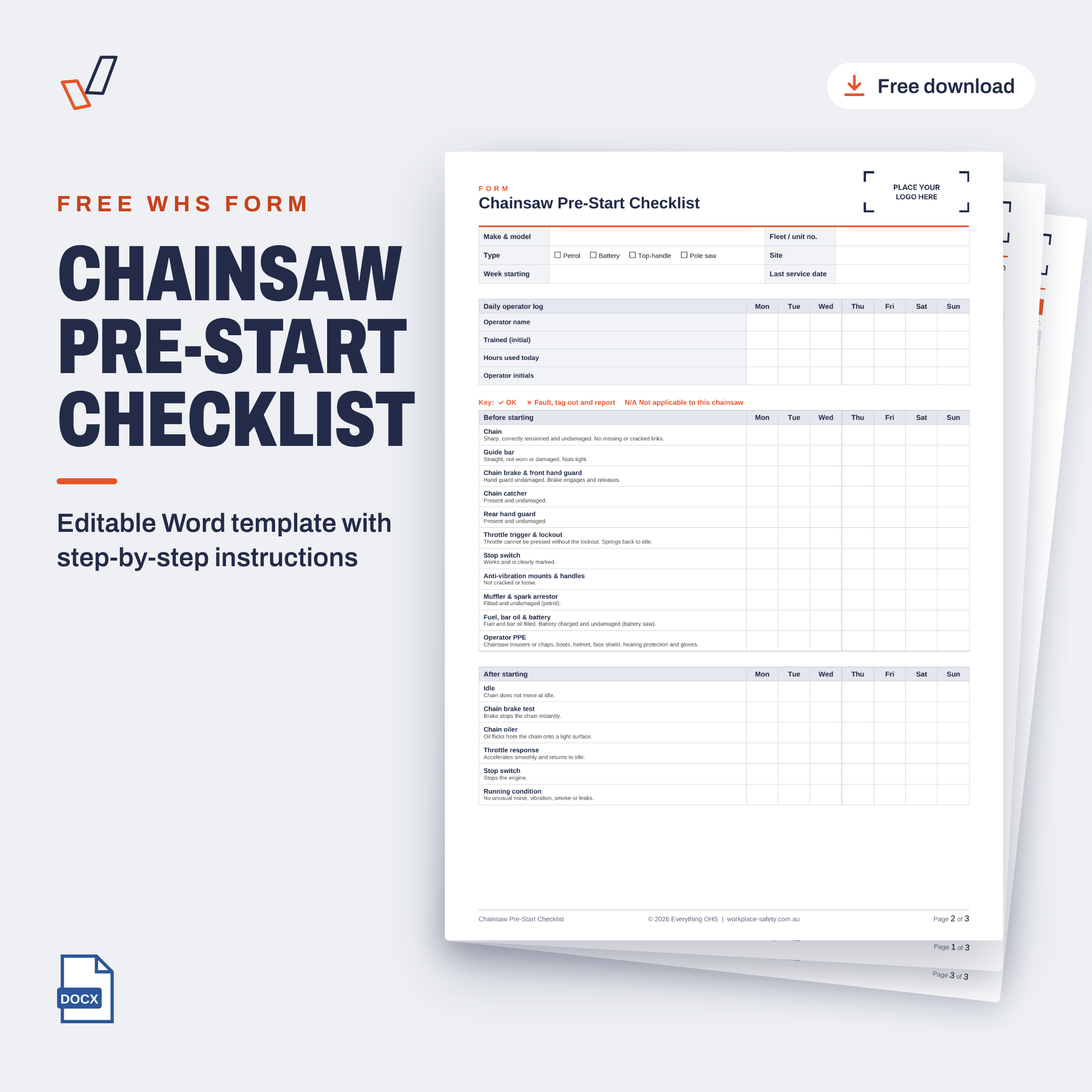 Free Chainsaw Pre-Start Checklist template in Word, showing the first page