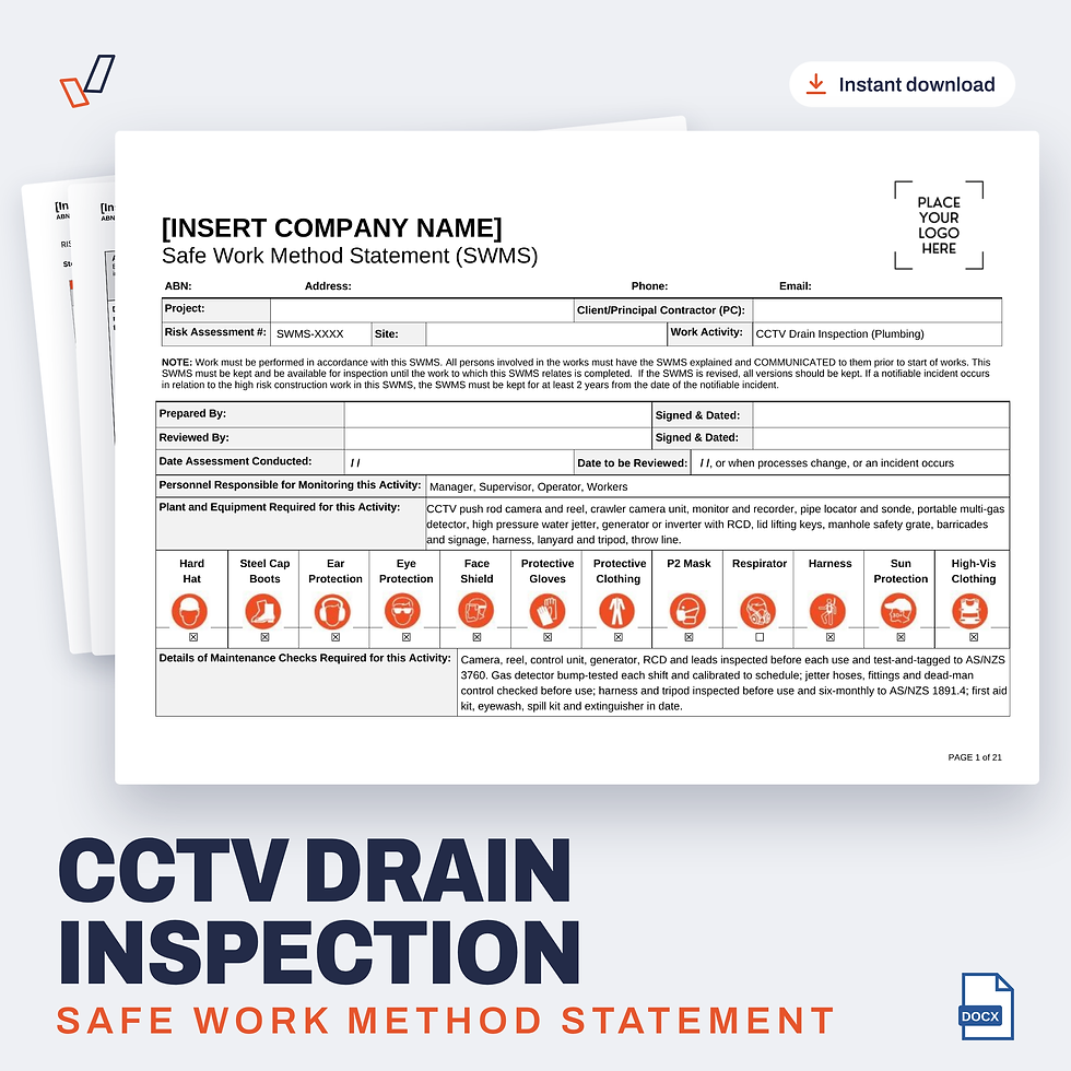 CCTV Drain Inspection SWMS editable Word template cover, Everything OHS