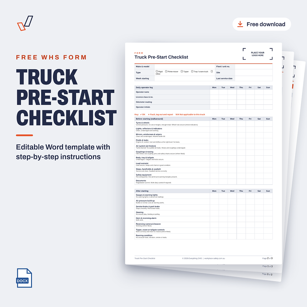 Free Truck Pre-Start Checklist template in Word, showing the first page