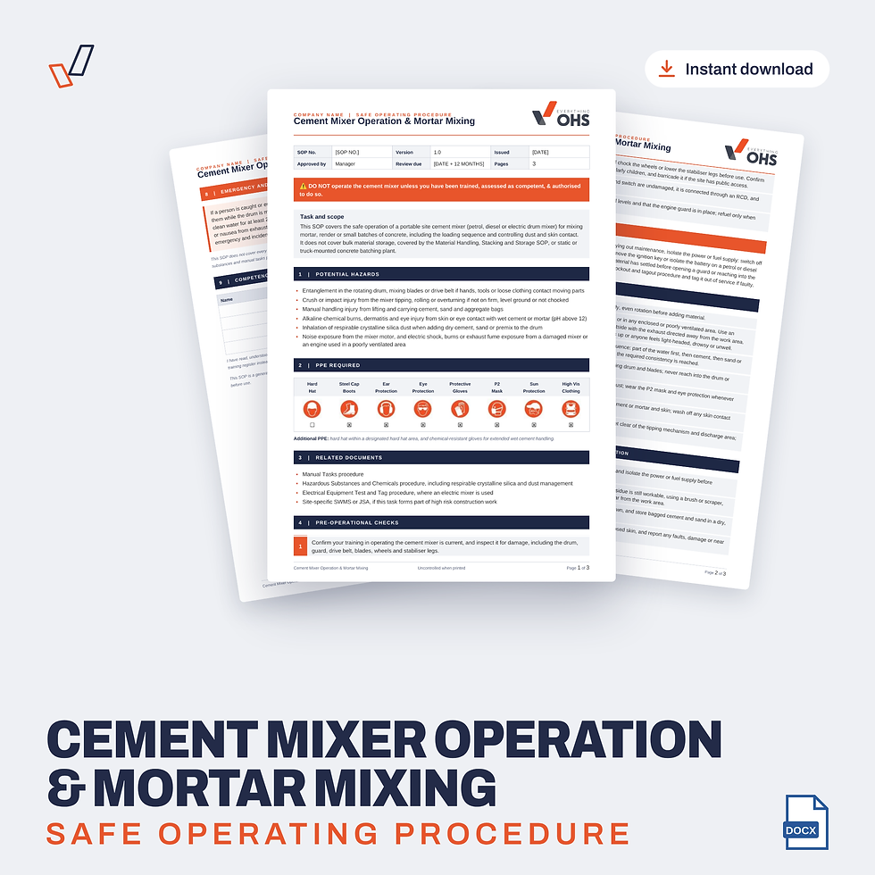 Cement Mixer Operation & Mortar Mixing SOP editable Word template cover, Everything OHS