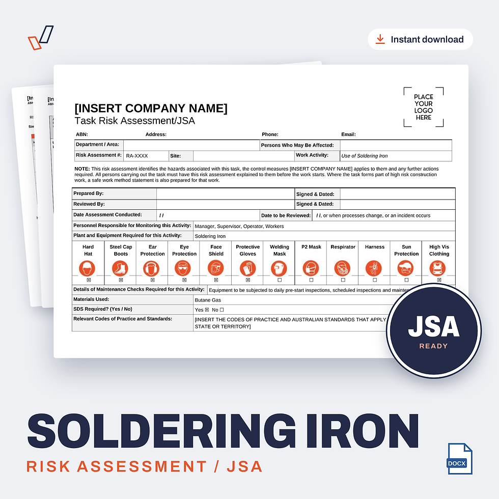 Soldering Iron Risk Assessment/JSA editable Word template cover, Everything OHS