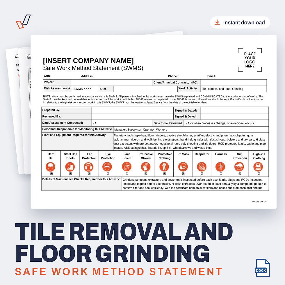 Tile Removal and Floor Grinding SWMS editable Word template cover, Everything OHS